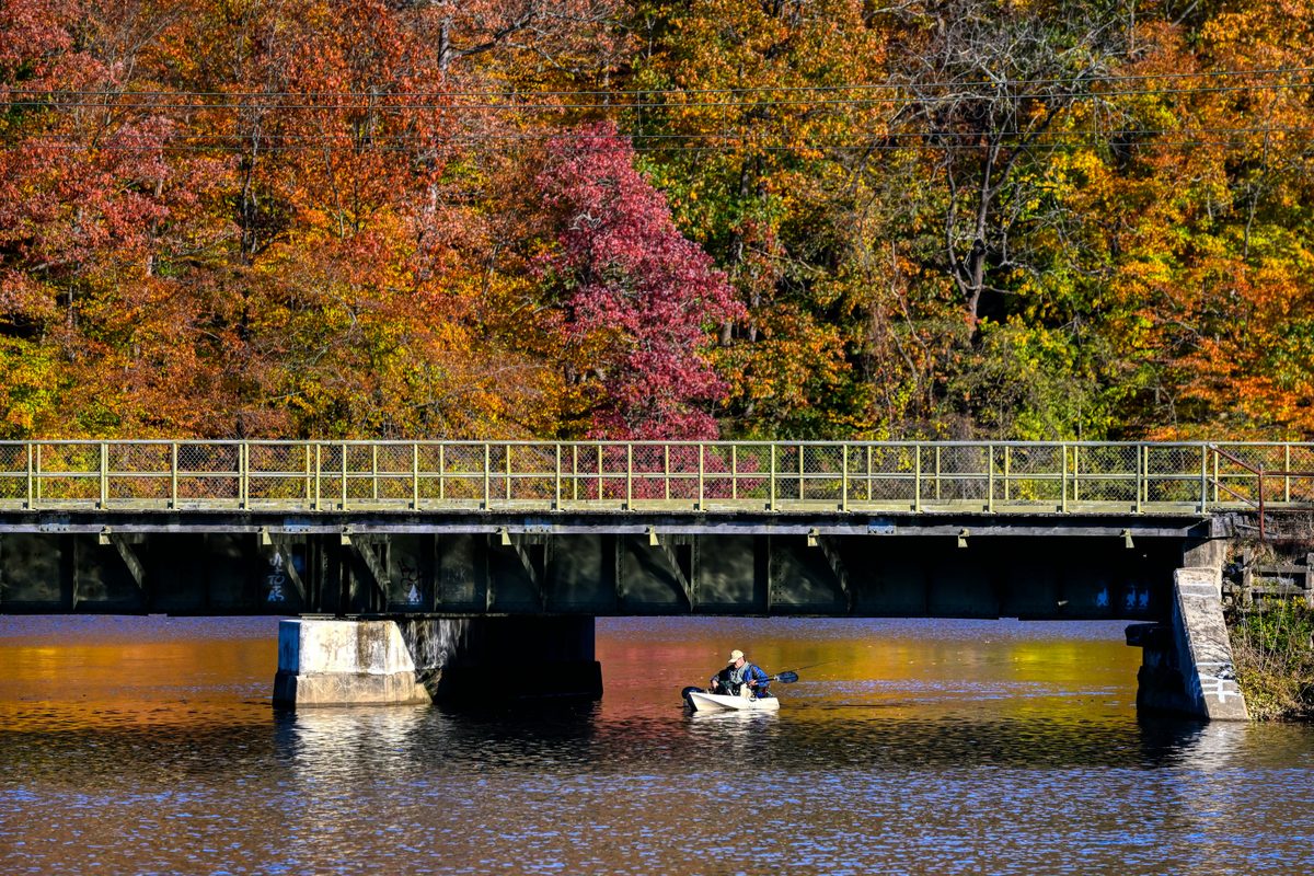 Kayaker paddling under a bridge surrounded by vibrant fall foliage on a river